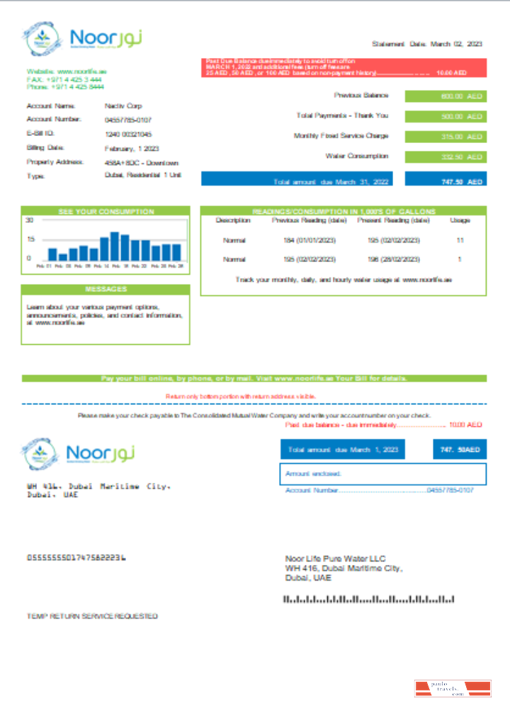 Noor Life Pure Water LLC utility business bill,  SCR PSD template